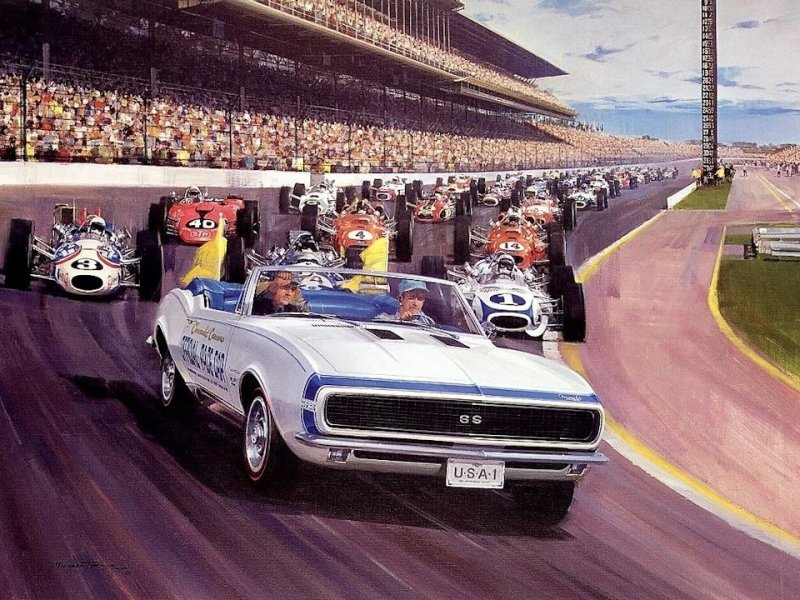 Старт 'Инди-500' 1967 года. За пейс-каром Chevrolet Camaro слева хорошо виден Paxton STP под номером 40