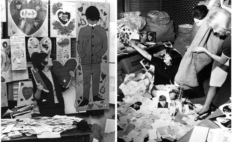Слева: секретарь фан-клуба "Битлов" с сотнями валентинок, отправленными парням, 1964. Справа: сотрудники фан-клуба в Лондоне опустошают один из множества мешков с фан-почтой, 1963