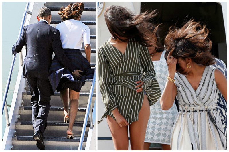Жены политиков, в частности Мишель Обама,  вносят свой вклад в серии конфузов, особенно когда надевают юбки, легко подхватываемые ветром