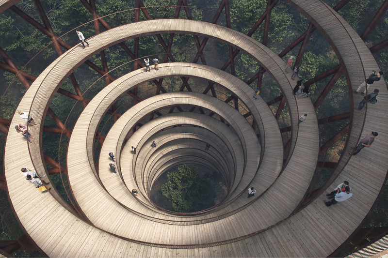 Проект спиральной дорожки между деревьями поможет взглянуть на датский лес с высоты птичьего полета