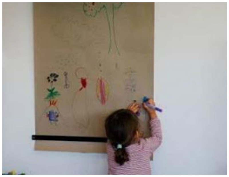Наконец, закрепить оставшийся кусок на стене -пусть ребенок рисует. 