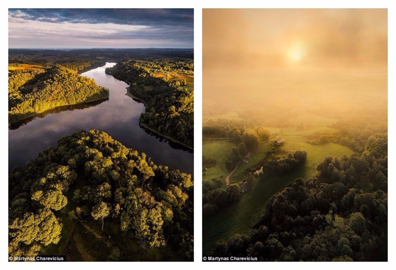 Слева - озеро Асвяя, справа - туман над лесом и полем где-то между Вильнюсом и Молетаем