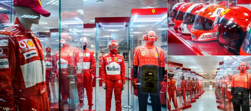 Рядом в стеклянных шкафах — различные комплекты экипировки механиков Ferrari разных лет.