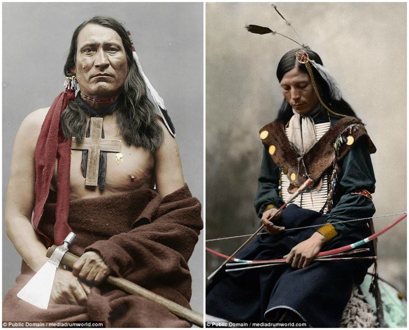 На фото слева - один из вождей шайеннов, 1877 год. Справа - боец шайеннов.