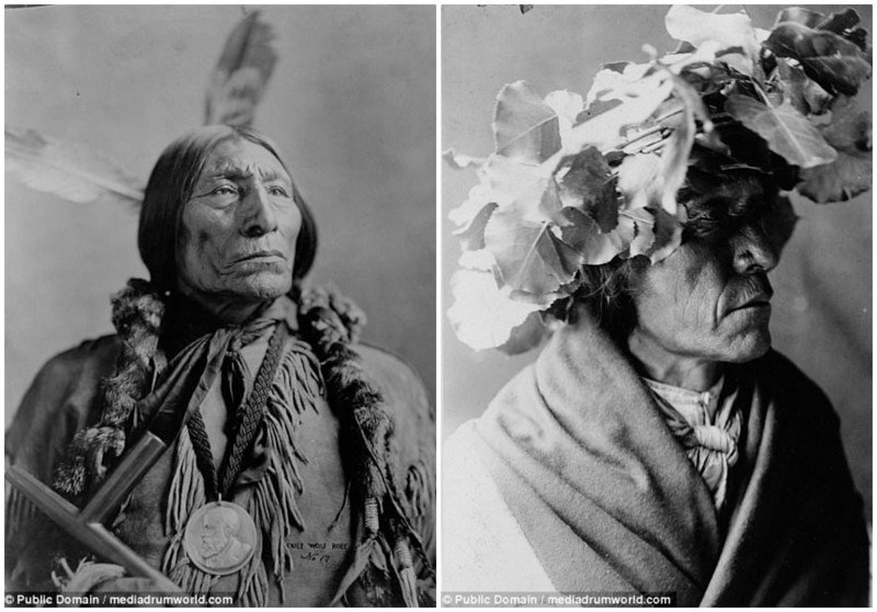 Слева: 1904 год, Волчья Накидка - вождь южных шайеннов (с 1838-1841 по 1910). Справа: мужчина из племени