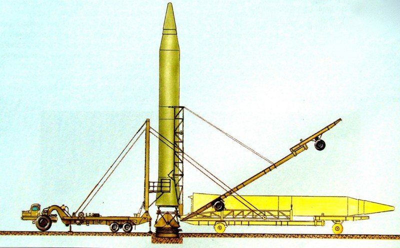 Установка ракеты Р-14 при помощи агрегата 8У224 с тягачом МАЗ-529В