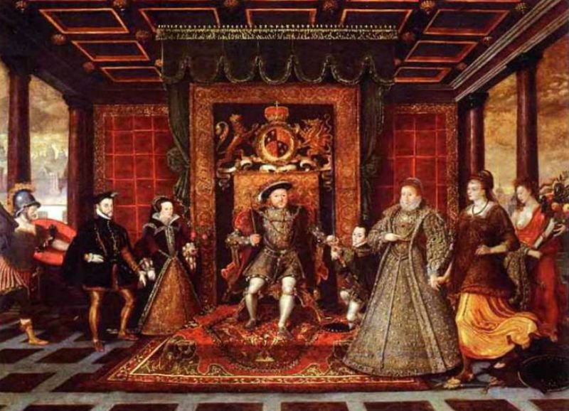 Лукас де Гир - Аллегорическое изображение семьи Генриха VIII - Король с тремя детьми и мужем Марии Филиппом II Габсбургом в окружении мифологических персонажей (1572)