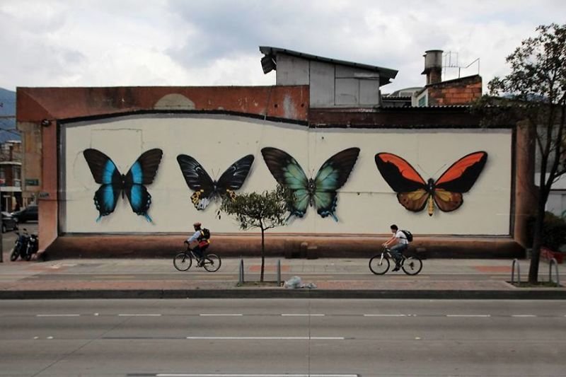 Художник добавляет шарма скучным улицам, создавая гигантских бабочек на стенах