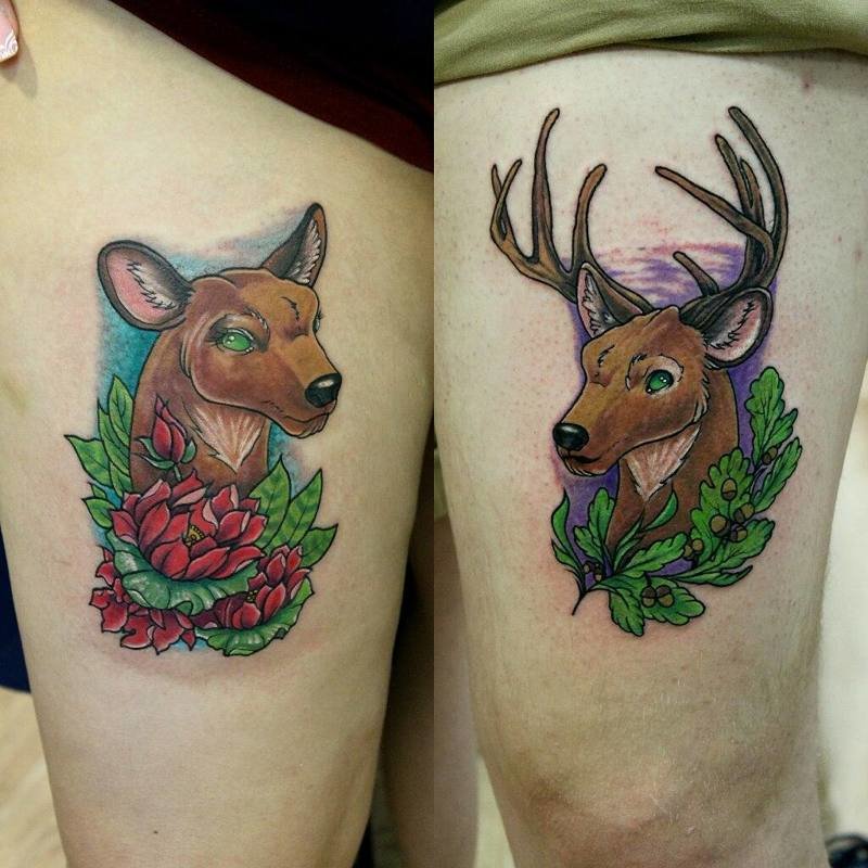 Парные татуировки - олень и олениха, весьма символично