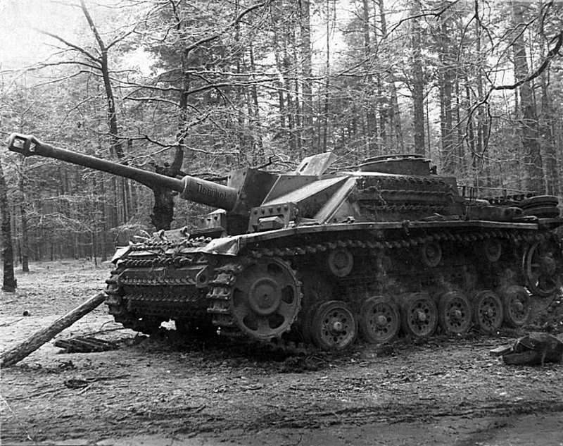 Немецкая САУ StuG III Ausf. G захваченная 238-й тяжелой гаубичной артиллерийской бригадой. Машина имела собственное имя «Tigerhai» (Тигровая акула). САУ была захвачена в сосновом бору в районе поселка Пуща-Водица в предместье г. Киева.