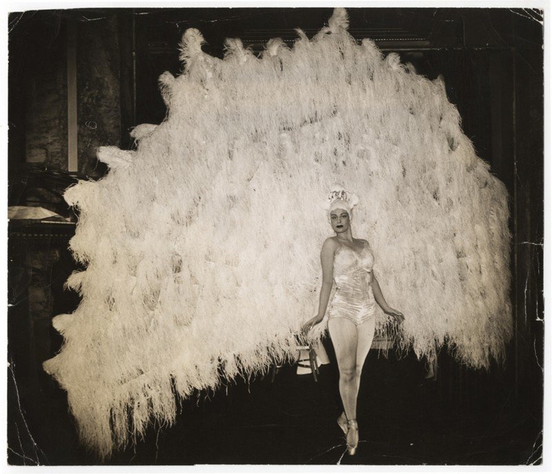 На балу в фешенебельной гостинице «Уолдорф-Астория» балерина Марина Франка в костюме павлина, Манхэттен, Нью-Йорк.