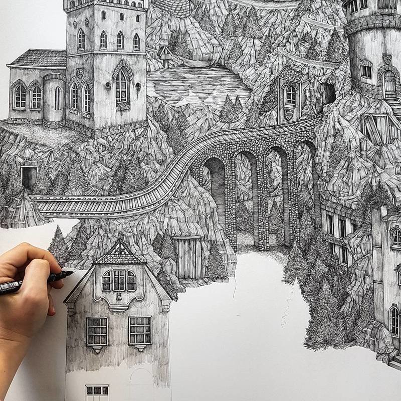 Фантазийные миры чернильной ручкой от Оливии Кемп