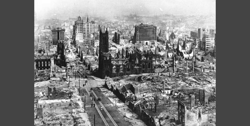 Разрушения после землетрясения в Сан-Франциско 1906 года. В результате землетрясения погибло до 3000 человек.