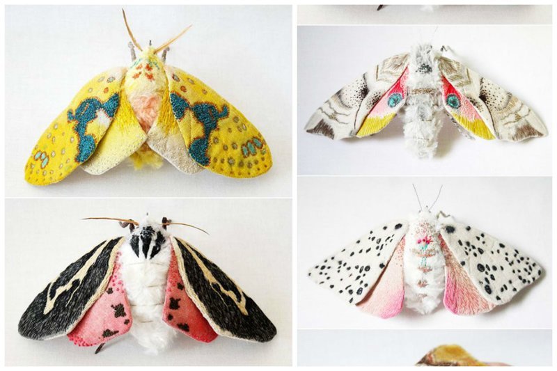 Окита Юми (Okita Yumi) живет в Северной Каролине, США. Она создает бабочек и других насекомых из текстиля. Раскрашивает их вручную, украшает мехом и вышивкой