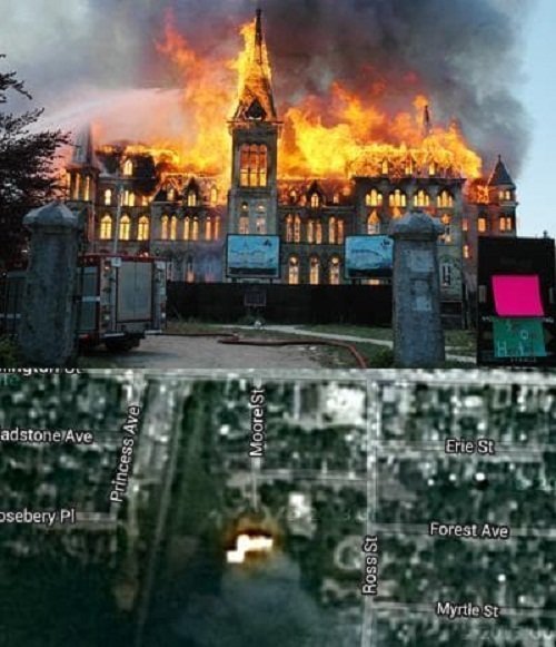 Пожар в колледже: сверху - вид с Земли, снизу - спутниковое фото
