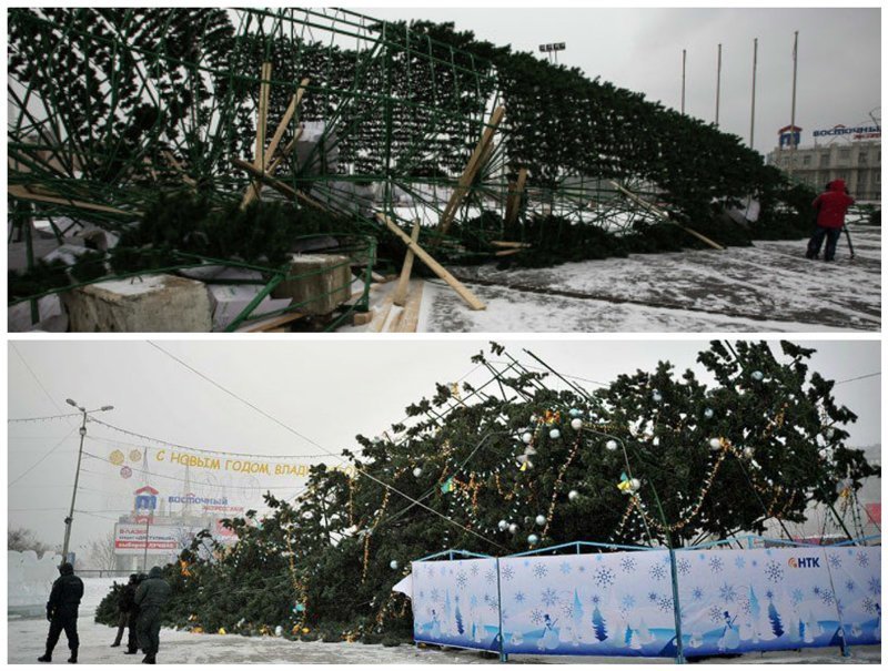 Во Владивостоке сильно задувает. Уже дважды падали их елочки - в 2013 и в этом годах