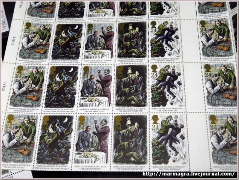 Музей Шерлока Холмса в Майрингене. Серия почтовых марок по мотивам произведений о Шерлоке Холмсе.