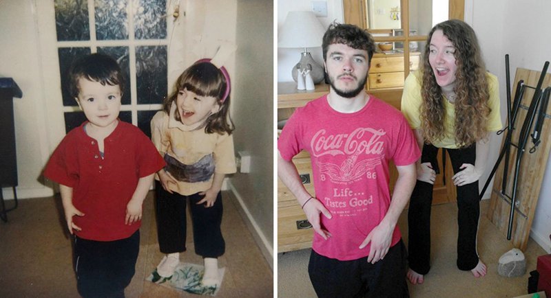 Брат с сестрой воссоздали свои детские снимки на годовщину свадьбы родителей
