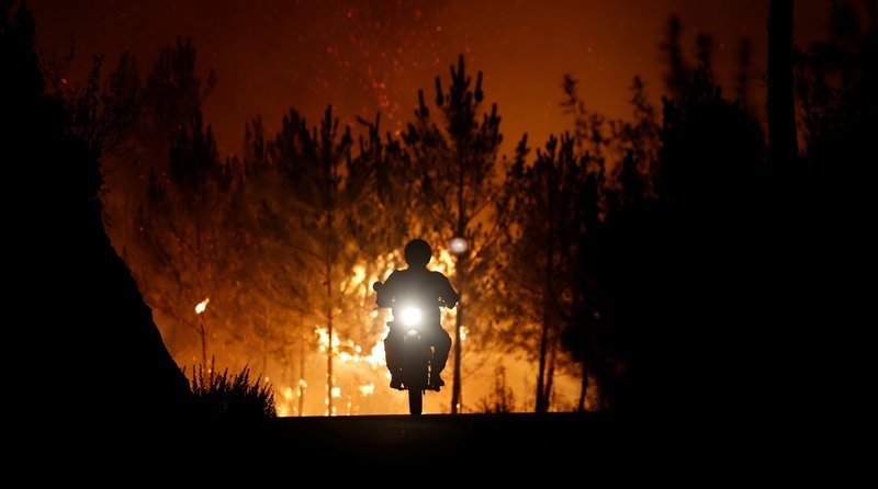 Пожарный на мотоцикле во время лесного пожара около города Каштелу-Бранку в Португалии, июль 2017 года