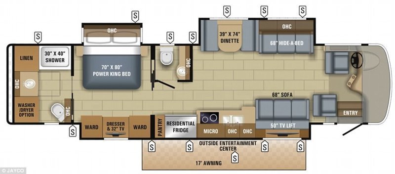 План помещения, справа налево: кабина водителя, зона отдыха, кухня, туалет, спальня, душ, стиральная машина и сушилка