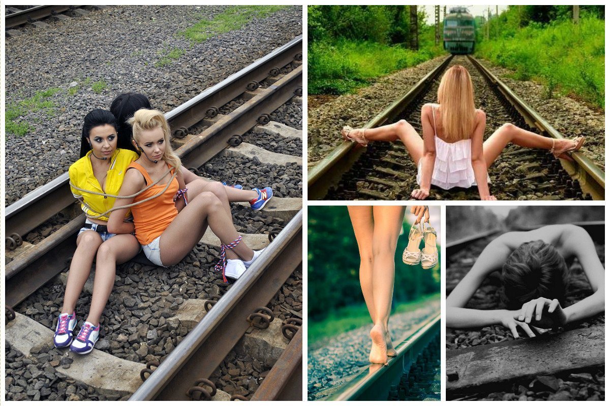 Позерство рыжей девушки и ее подружки на железной дороге