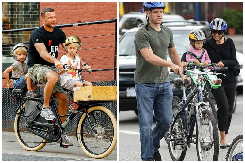 Лев Шрайбер и  Метт Деймон выгуливают на велосипедах всю свою семью
