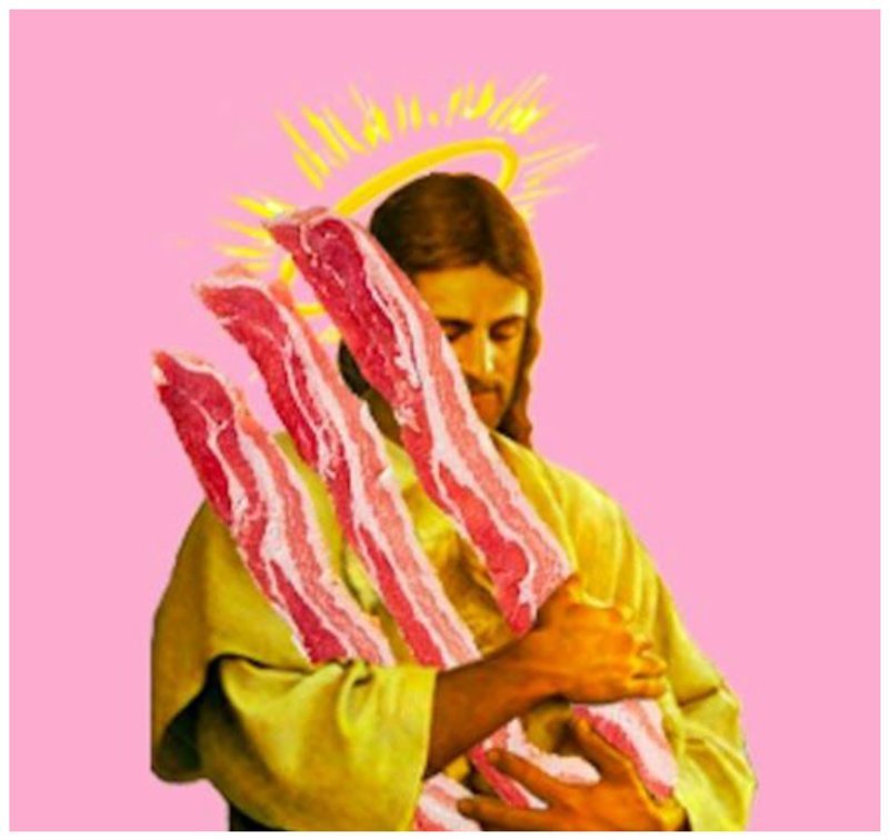 Мемы в Твитерре по хэштегу #freebacon в ответ на выступление ВОЗ об ограничении потребления мяса. "Иисус любит бекон"