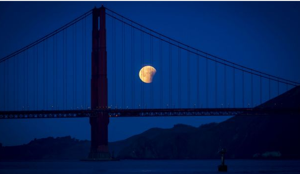 Гигантская Луна над мостом Золотые ворота в Сан-Франциско