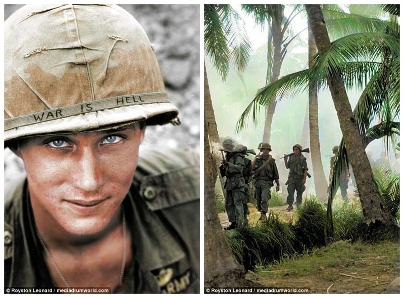 Слева - американский солдат с надписью "Война - это ад" на каске. 1965 г. Справа - солдаты армии США пробираются сквозь густой лес