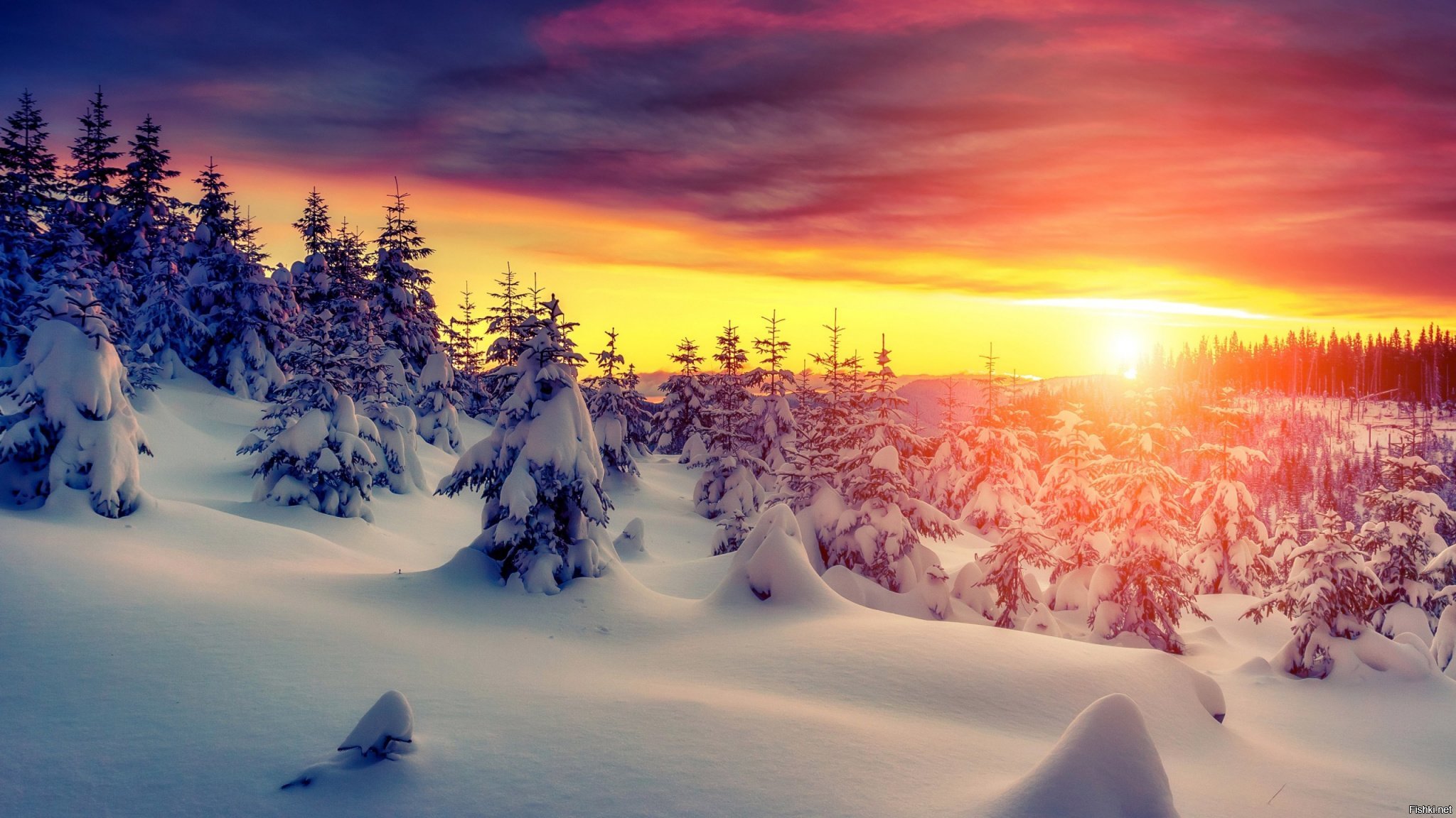 снег зима горы солнце лучи загрузить