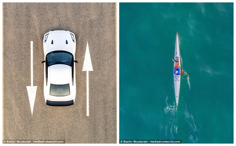 Еще парочка снимков с дрона - машина, едущая по одной из дорог Дубая, и человек на каяке, отплывающий с одного из городских пляжей