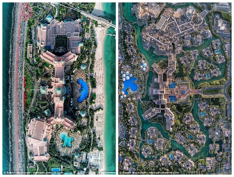 Слева - курортный комплекс Atlantis the Palm (на искусственном острове Пальма Джумейра), справа - элитный курорт Мадинат Джумейра