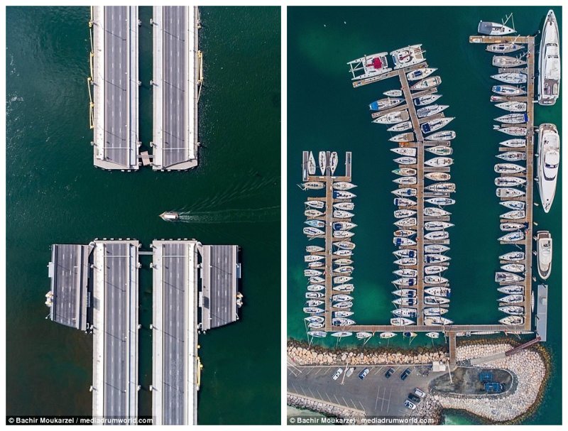 Слева - понтонный мост Floating Bridge ("Плавучий мост") через Дубайскую бухту. Справа - яхты на причале в заливе Дубай Марина
