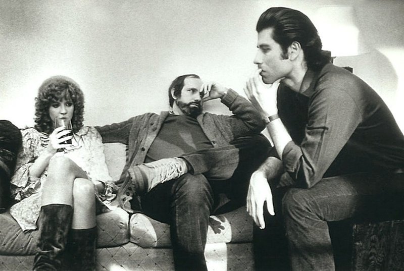 Нэнси Аллен, Брайан Де Пальма и Джон Траволта на съемочной площадке "Прокол" (Blow Out), 1981