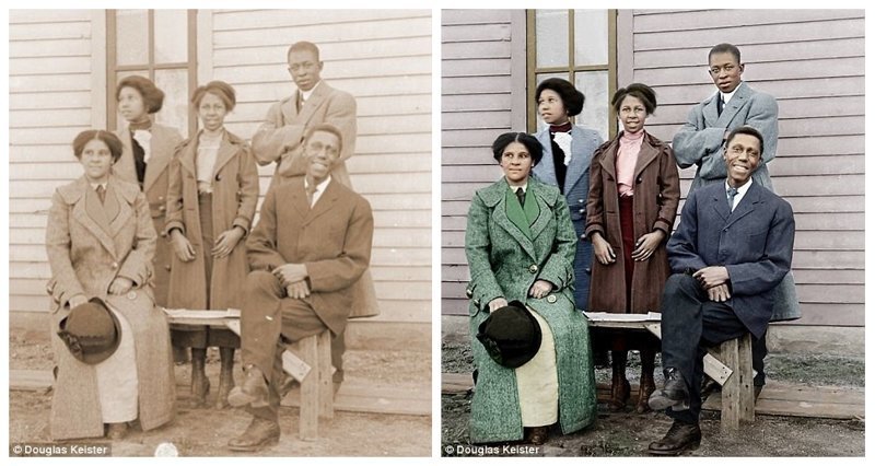 Семья Уолтера и Лулы Колли, приехавших в Линкольн из штата Миссури в 1905 году. Сидят: Лула и Уолтер, между ними стоит их дочь Изетта, а справа  - ее муж Клайд. Колоризация - Джордж Уэллман