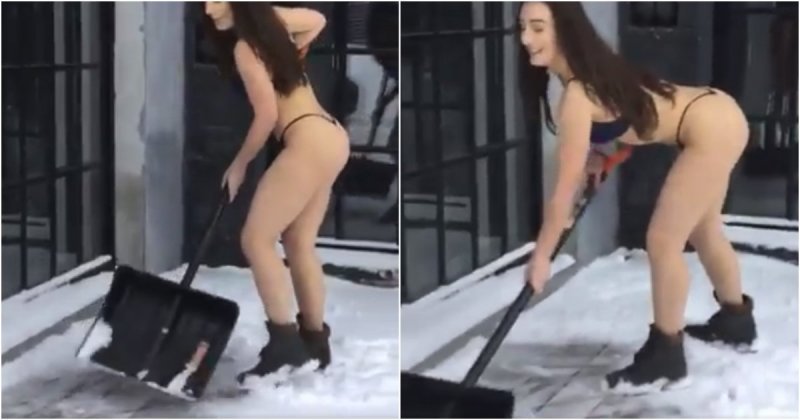 Горячий снегофитнес: полуобнаженная девушка убирает снег на улице