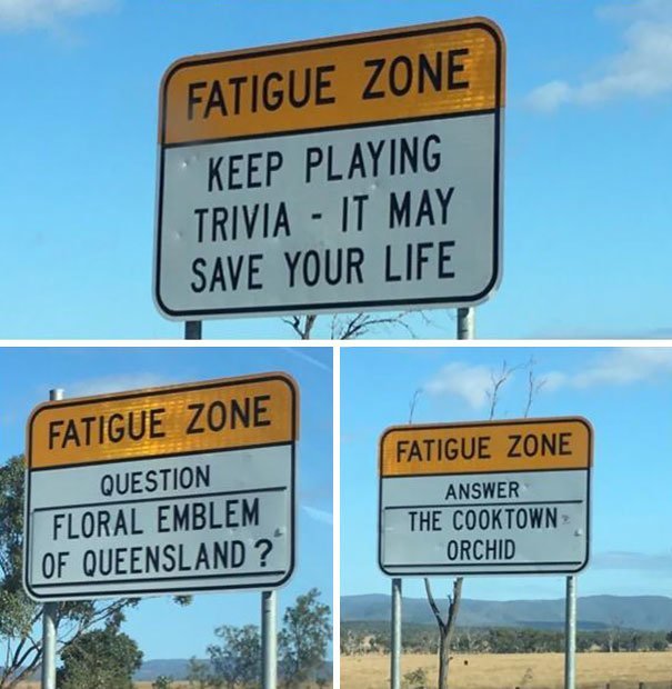 На длинных австралийских шоссе стоят таблички с вопросами и ответами. Эта дорожная викторина помогает взбодриться и не уснуть за рулем
