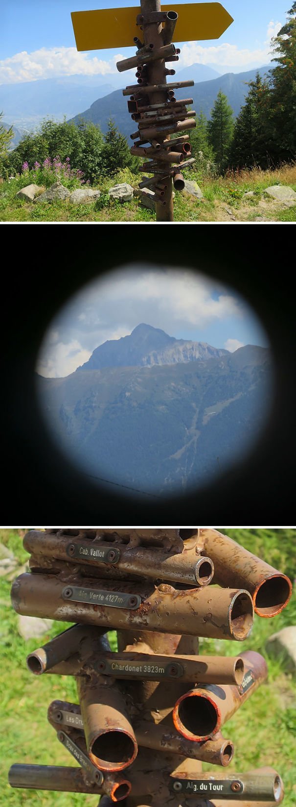 Подзорные трубы для рассматривания окрестных гор в Швейцарии. Каждая труба направлена на определенную гору