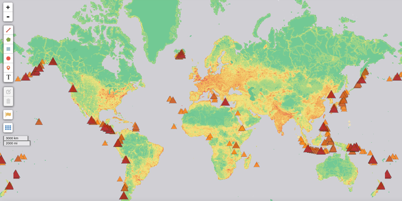А на этой карте совместил плотность населения и центры вулканической активности