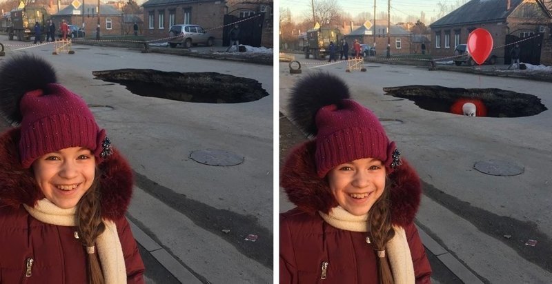 Школьница у провала в Таганроге стала героиней фотожаб