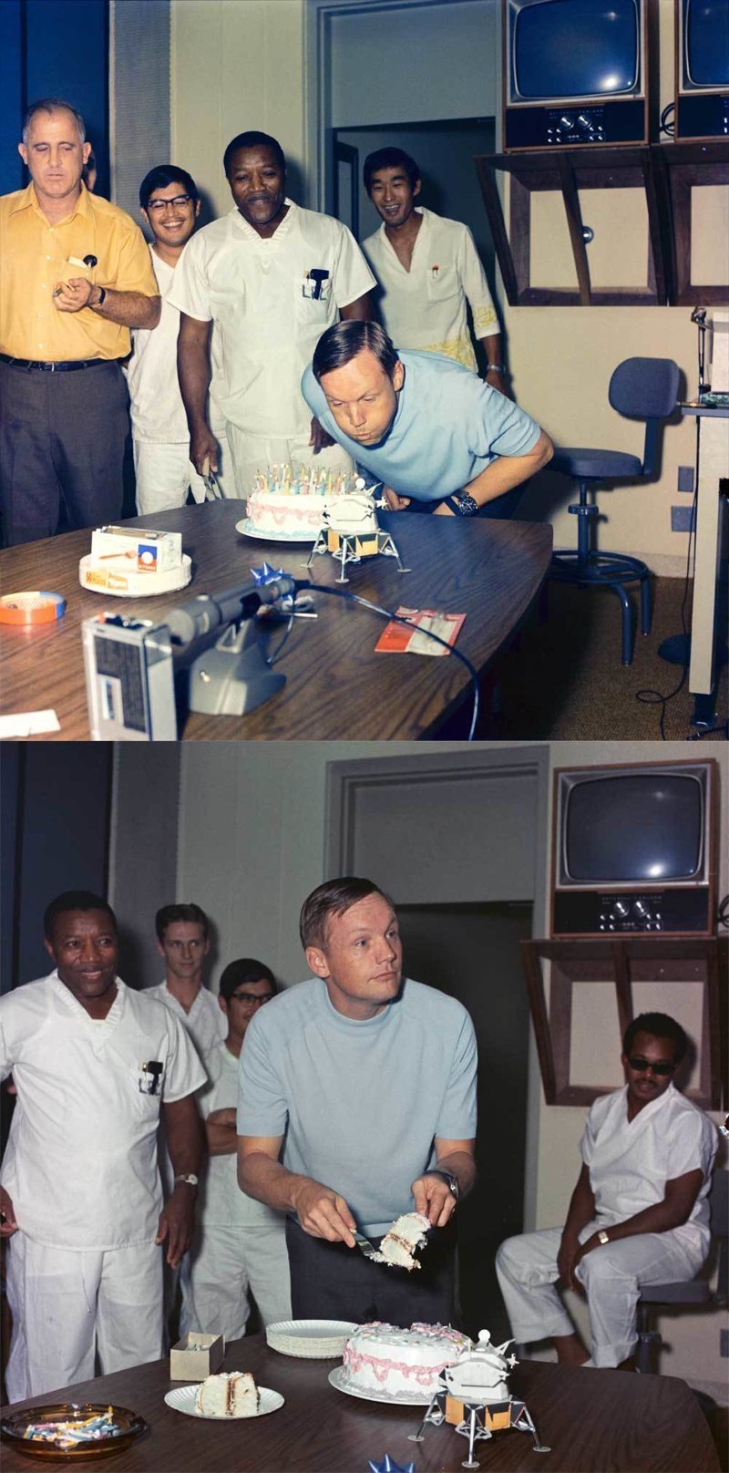 Нейл Армстронг празднует 39-й день рождения в лаборатории Lunar Receiving вскоре после миссии Аполлон-11, 5 августа 1969 года.