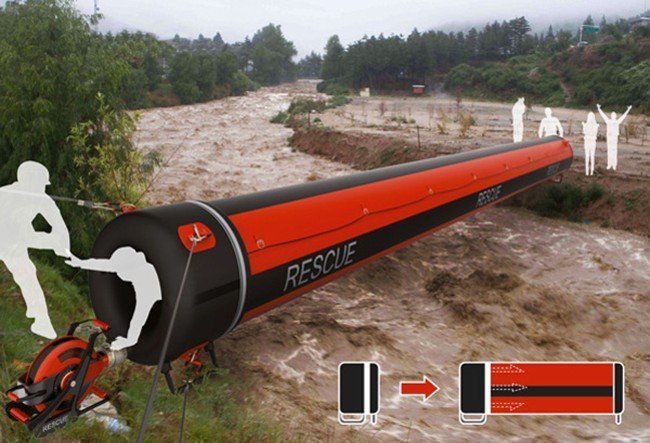 Начнем с изобретений спасающих жизнь. Air Rope - это надувной спасательный туннель, который можно развернуть во время наводнений