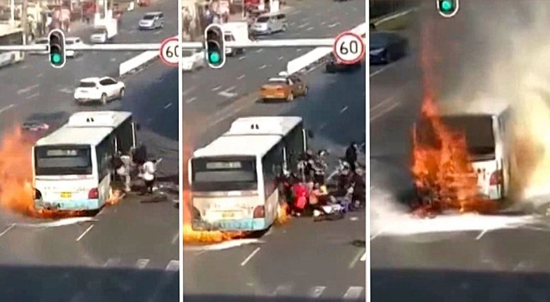 В Китае более 50 пассажиров успели выбежать из пылающего автобуса, прежде чем он взорвался