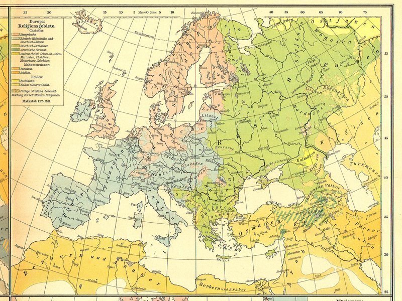 Карта распространения религий в Европе, 1899 г.