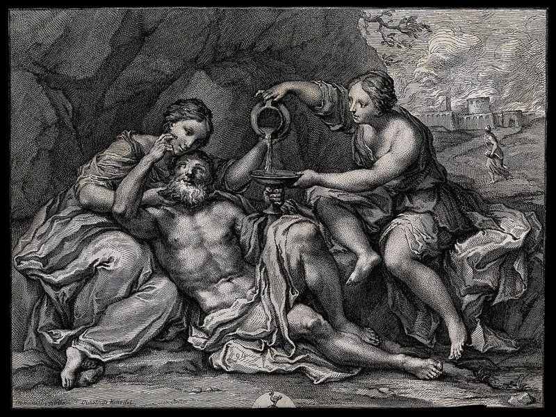 Lot, drunk, rests back into the arms of one of his daughters; the other one pours him more wine; in the background his wife watches Sodom burn. Engraving by W. Kent after Domenichino, 1630.