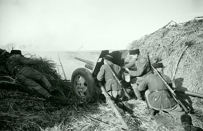 Советские казаки-артиллеристы ведут огонь и 45-мм противотанковой пушки образца 1937 года (53-К). Автор: Семен Фридлянд. 