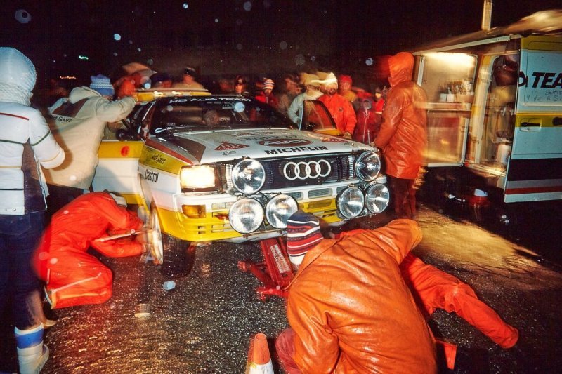 Обслуживание Audi Quattro A2 Вальтера Рёрля во время «Ралли Монте-Карло» ’84.