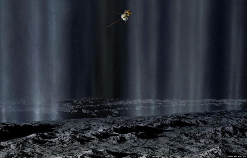 Концепт, демонстрирующий пролет орбитальной станции "Кассини" мимо луны Сатурна под названием Энцелад с целью изучения струй гейзеров, которые извергаются на поверхности луны в районе южного полярного региона