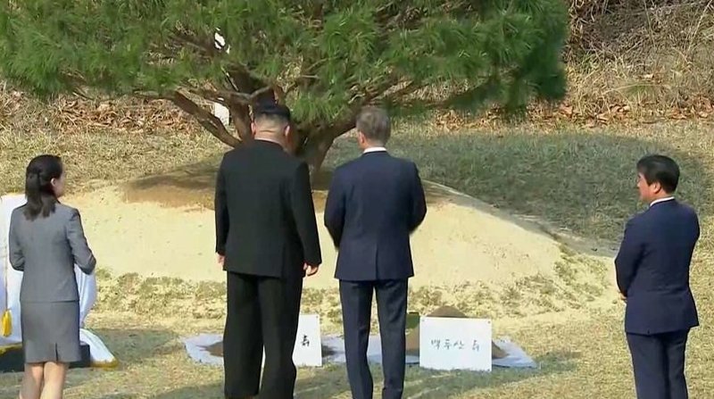 Обсудив вопросы межкорейского урегулирования, Ким и Мун приняли участие в символической церемонии
