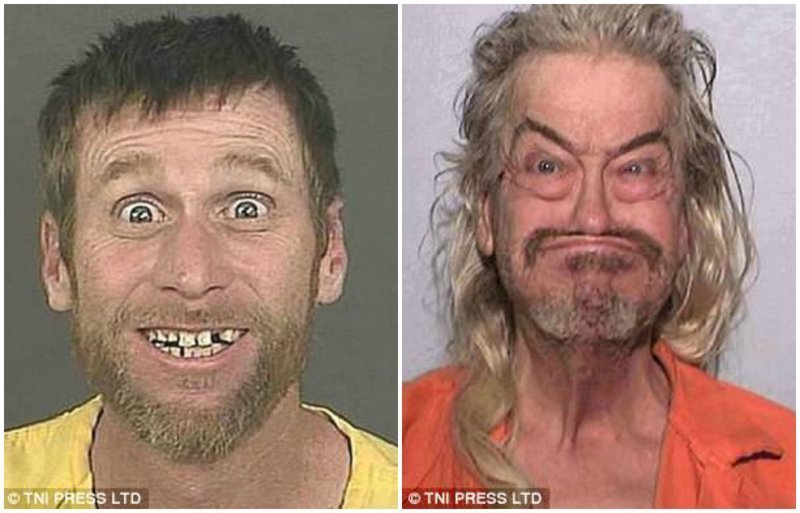 Счастливый Майкл Уайтингтон (слева), арестованный за ограбление банка, поразил всех своей шикарной улыбкой. Ноэл Доусон младший (справа) скорчил рожу после ареста по обвинению в преследовании члена семьи с топором.